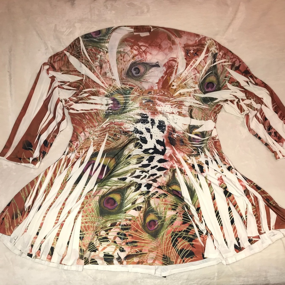 Reina 2X Rhinestone Peacock & Leopard Print Tunic